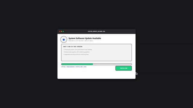 Generic Computer System Software Update Window Displaying Progress Bar and Installation Status for New Security Patches and Performance Improvements on Dark Background