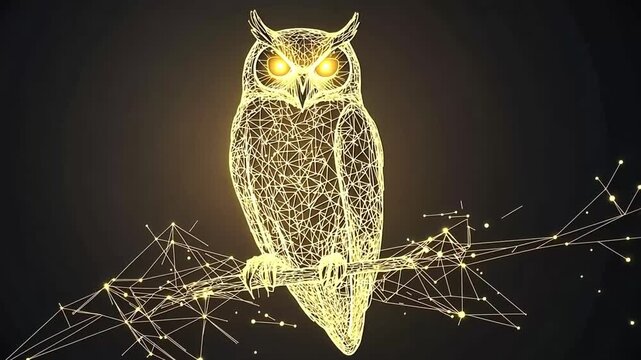 Glowing Owl Perched on Branch, Night, Digital Art, Mystical Background