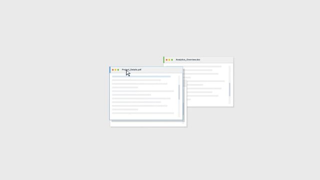 Generic 2D animation of multiple overlapping software browser windows on a clean gray background, showcasing digital multitasking, document management, and analytics for project workflow concepts.