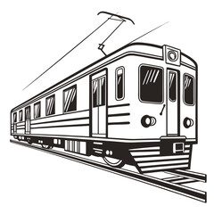 Black and white of an electric commuter train on tracks isolated on a white background, for transit and, travel themes © nahim