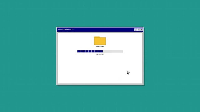 Retro 90s style computer operating system interface showing a file directory folder with a blue loading progress bar completing to one hundred percent and revealing various digital file icons.