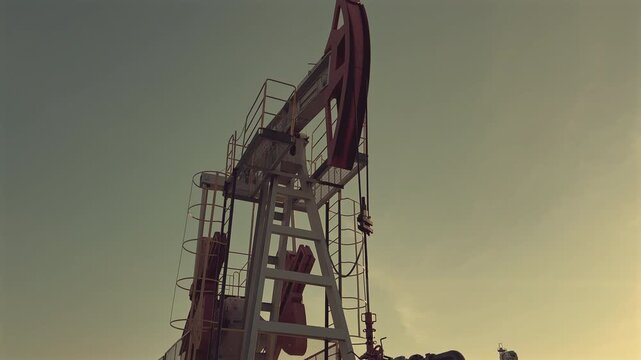 Oil extraction in oil field on evening sunset. Extraction of petroleum in night. Crude Oil Production. Crude pump jack working on oil field. Crude Pumpjack on sunrise. Industrial petroleum industry.