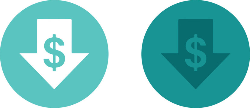 Dollar sign with downward arrow icon set in flat style on teal background