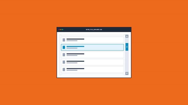 Minimalist Animation of a Retro Style File Explorer Window with Folder List and Scrolling Bar Interface Element Isolated on Vibrant Orange Background for Tech and Software Concepts