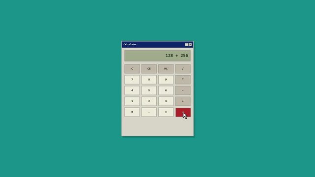 Retro Styled Computer Calculator Application on Old Operating System Interface Performing Addition Summation Resulting in Three Hundred Eighty Four with Mouse Cursor Click Animation