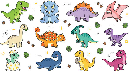 Cute Cartoon Dinosaur Character Collection Featuring T Rex, Triceratops, Stegosaurus, Pterodactyl, Brachiosaurus, and Playful Prehistoric Animals © MdMehedi