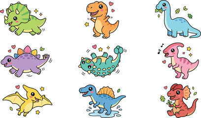 Cute Cartoon Dinosaur Character Collection Featuring Triceratops, T Rex, Brachiosaurus, Stegosaurus, Pterodactyl, Raptor, and Prehistoric Creatures © MdMehedi