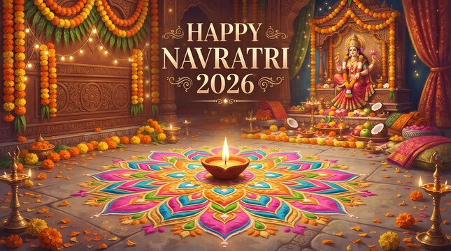 A joyous navratri celebration features a colorful rangoli artwork and a glowing diya lamp establishing a delightful and welcoming ambiance