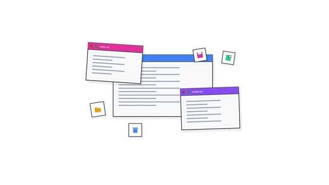 Flat design vector illustration showing multiple floating computer windows and digital folder icons for user interface concepts, data organization, and software management on white background