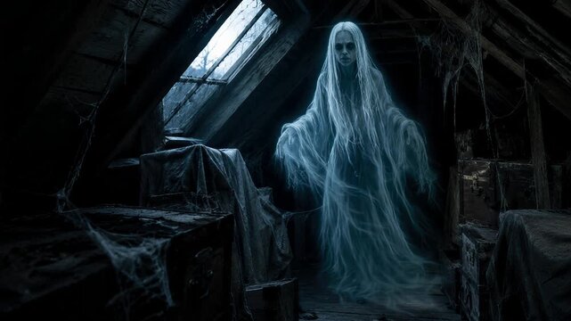 Ghost hovering in a cobweb-covered attic. Halloween supernatural horror. Haunted house and paranormal apparition. Gothic ghost story. Spooky seasonal entertainment.