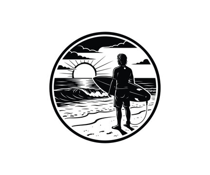 Surfer standing on beach looking at sunset round emblem vector icon