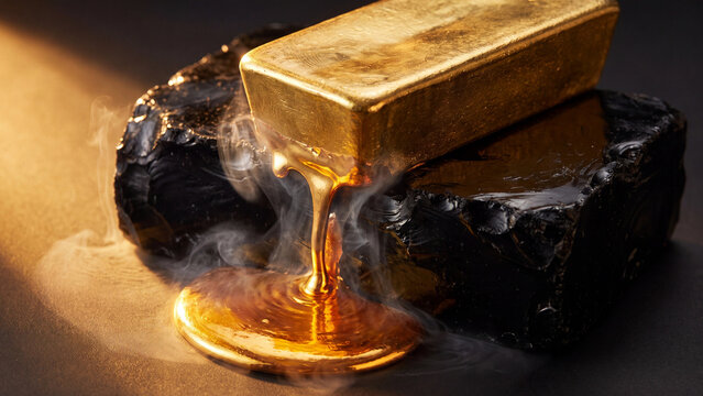 Molten gold liquid dripping from a shiny metal bar onto rough dark stone with drips shiny rectangular stone surface rising