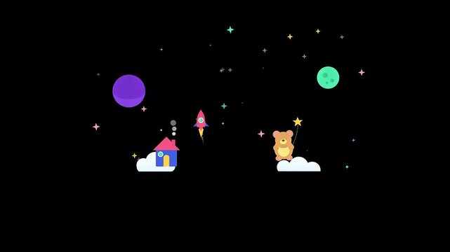 Whimsical minimalist 2D animation featuring a rocket journeying through space past a house and teddy bear floating on clouds.