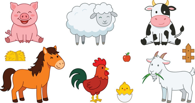 Cute Cartoon Farm Animal Character Collection Featuring Pig, Sheep, Cow, Horse, Rooster, Goat, Chick, Hay, Apple, and Rustic Farm Elements