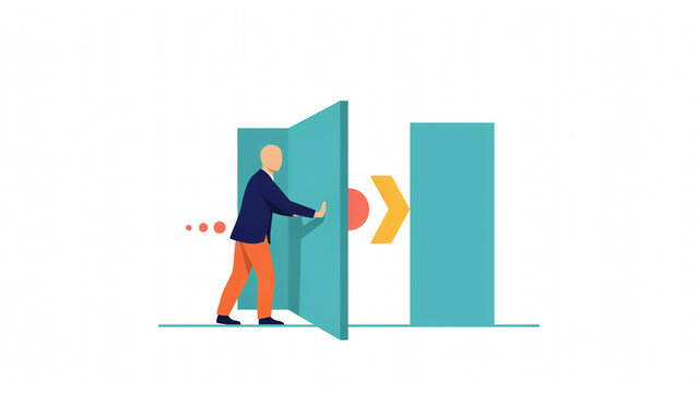 A businessman in a blue jacket opening a teal door with orange geometric shapes on white background