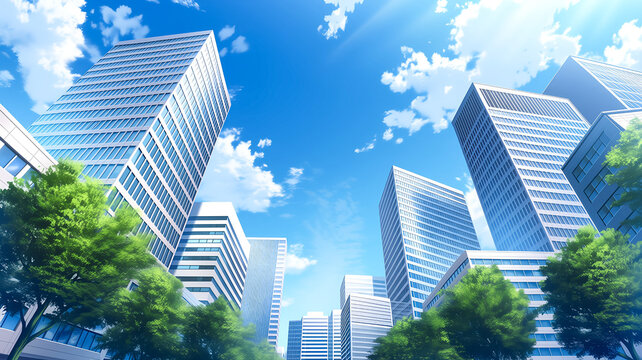 青空を見上げる高層オフィスビル群とビジネス街のアニメ風イラスト