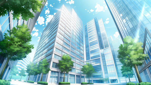 青空を見上げる高層オフィスビル群とビジネス街のアニメ風イラスト