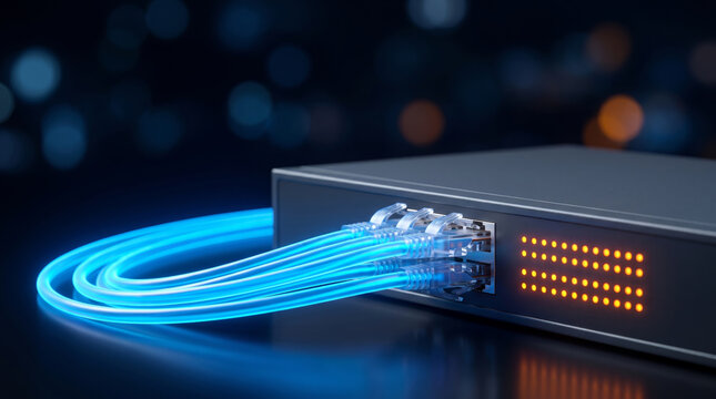 Network cable optical switch data center connection. Datacenter server system. telecom communication connection, fiber ethernet wire, broadband speed