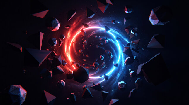 Abstract cosmic background with a glowing red and blue vortex surrounded by floating geometric polyhedrons in deep space