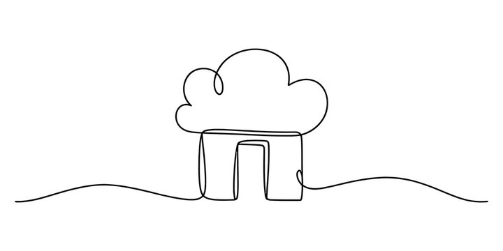 Continuous single line drawing of a simple house with a cloud shaped roof isolated on transparent background