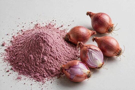 Soft pinkish-red onion powder pile, whole & sliced onions showing layers, plain background, clean natural presentation.