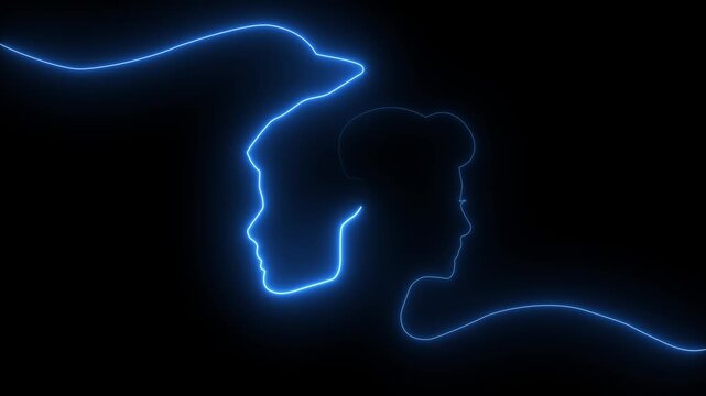 glowing neon Silhouettes of a man and woman heads. Friendship and sexual relationships. Digital, interactive and global communication concept. Male and female head silhouettes. Metaphor of empathy 4k
