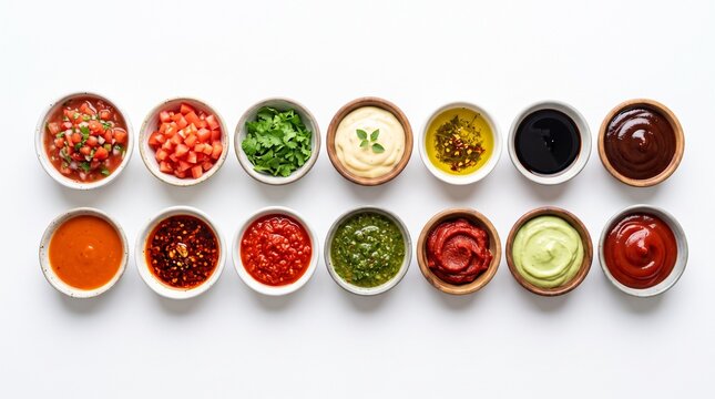 Assorted colorful spices and sauces in small bowls