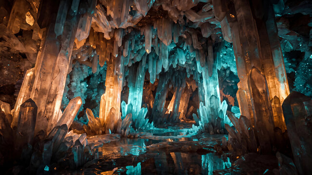 Large glowing crystals inside a dark cavern with reflective water on the ground floor surface with formations illuminate subterranean
