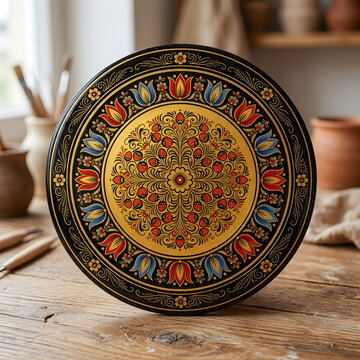 A circular wooden tray adorned with intricate folk art and floral patterns.