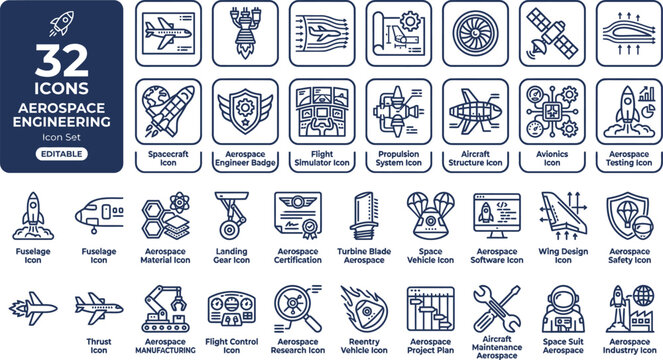 Vector line icon set of 32 aerospace engineering elements including spacecraft, aircraft design, turbine engine, avionics, landing gear, and propulsion systems.