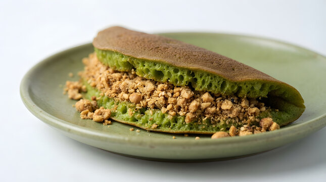 Matcha flavored min chiang kueh from Singapore, with peanut crumbs on a simple sage green plate on clean white. Southeast Asian dessert, treats, Singaporean cuisine assets