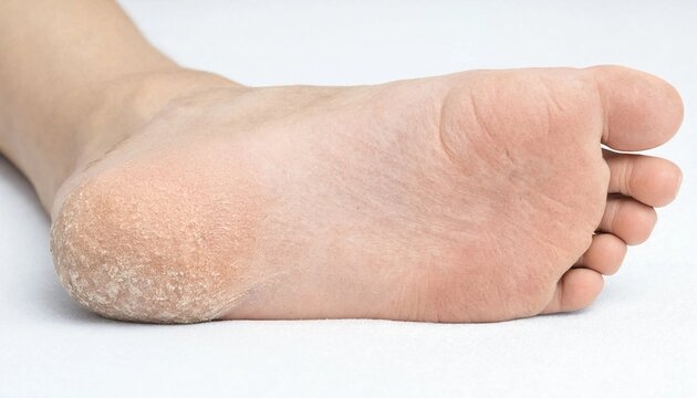 Close up view of dry cracked heels on human foot