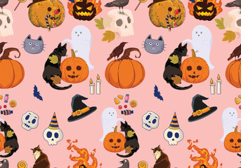 Obraz premium Halloween seamless pattern with pumpkins, black cats, ghosts, bats, witches' hats, ravens, skulls, spider webs, candy, and autumn elements background. Design for wrapping paper, fabric, textiles.
