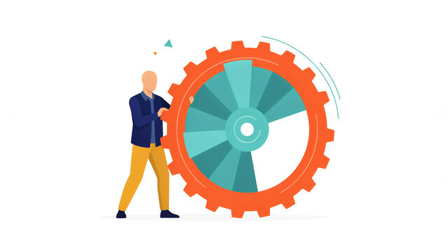 A man in a suit pushing a large orange and teal gear wheel on a clean white background surface