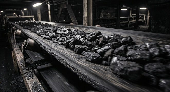Black coal chunks moving on an industrial conveyor belt in a deep mine