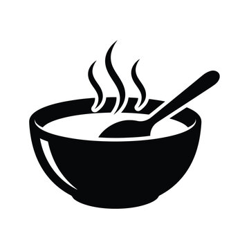 Black and white vector silhouette of a bowl of steaming soup with a spoon