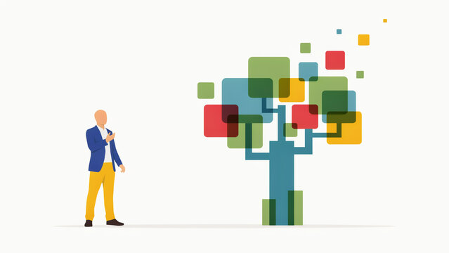 A man standing next to a tree made of colorful square blocks on a plain white background surface