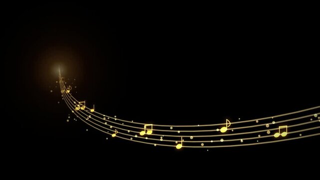 Golden musical notes flowing in a dramatic wave against a dark background with bokeh lights