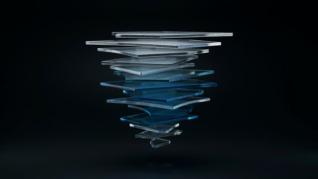 A stack of transparent glass square plates floating in a tornado shape on a dark black background