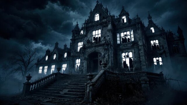 Gothic haunted mansion with illuminated windows beneath storm clouds and lightning. Halloween haunted house. Supernatural horror, eerie night and paranormal mystery. Spooky season.