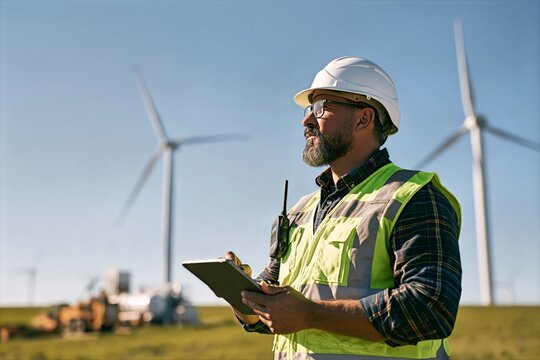 Wind Energy Technician Inspecting Turbines with Tablet