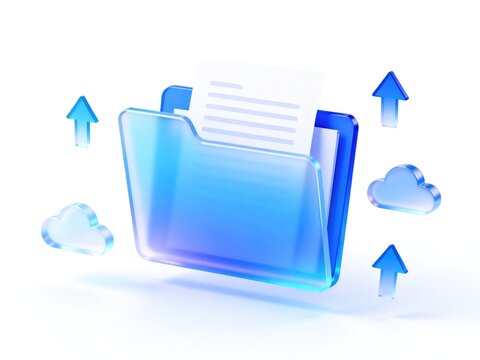 Blue digital folder with document, cloud icons and upload arrows, idea for cloud storage, online file transfer, data backup and document management systems