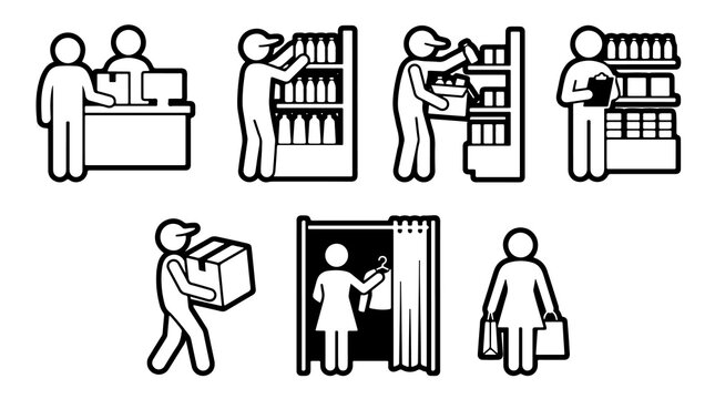 Minimalist Supermarket Retail Icon Set, Black Line Art Store Pictograms, Grocery Shopping and Stocking Vector Elements PNG