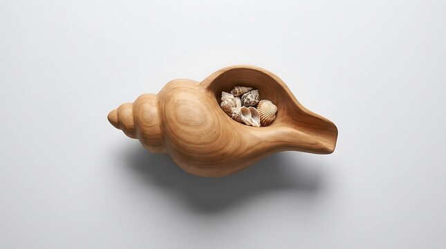 A large decorative wooden seashell sculpture filled with small natural seashells on a simple surface. seashell holder