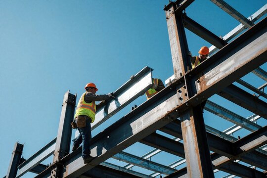 Construction workers install heavy steel beams on highrise building frame. Crew wearing orange hard hats, safety vests work on metal structure under blue sky. Industrial builders assemble large
