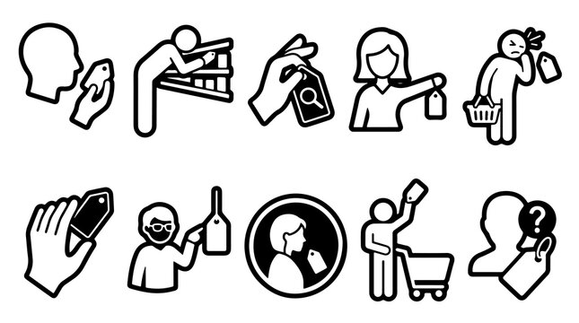 Minimalist retail shopping icons set, black line customer buying behavior pictogram collection, store consumer symbols