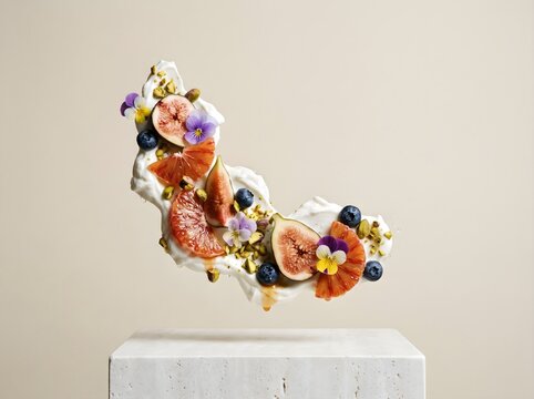 Slices of citrus arc in suspended balance, adorned with leaves and blossoms above a quiet pedestal. The artwork embodies vitality, nature, and the abstract essence of abundance expressed through minim