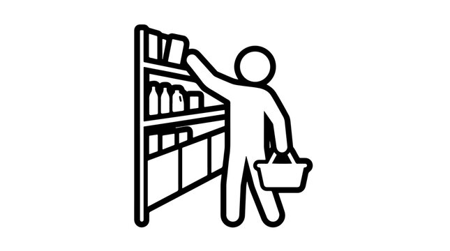 Minimalist supermarket shopping icon, customer reaching for goods on shelf vector pictogram, grocery store buyer line art