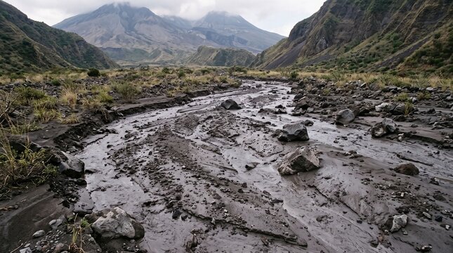 Volcanic lahar and mudflow aftermath in a remote mountain valley