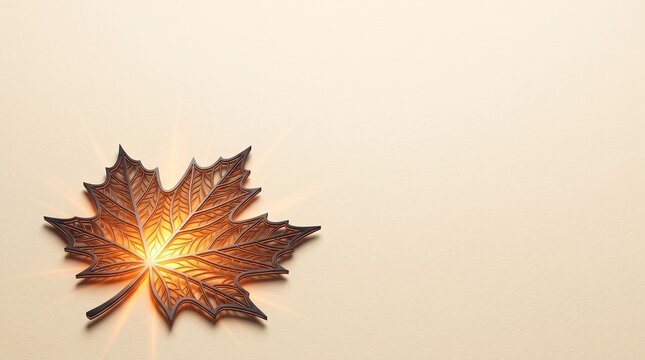 Single autumn maple leaf with intricate veins and warm glowing light isolated on a neutral background fall leaf seasons change thanksgiving decor botanical illus